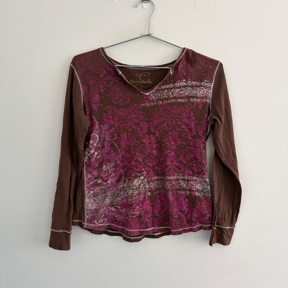 Currants Brown Pink Floral Graphic Long Sleeve Top Large